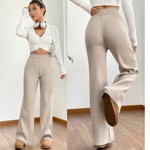 Shein High Waist Flare Leg Khaki Knit Pants Beige Ribbed size S